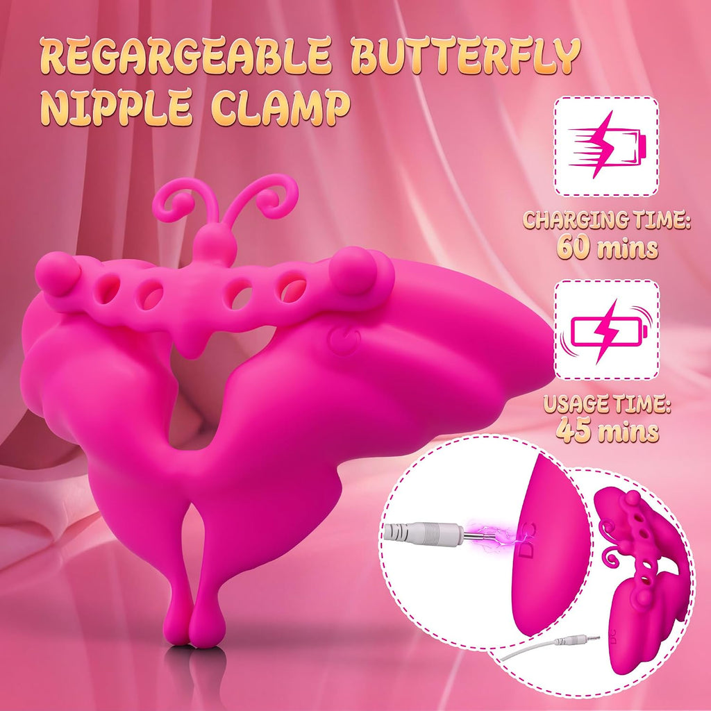 Vibrating Nipple Clamps with Remote Control - Sex Toys Nipple Toy with 10 Vibration Modes, Adjustable Butterfly Design, Lightweight and Portable Nipple Vibrator for Women and Couples