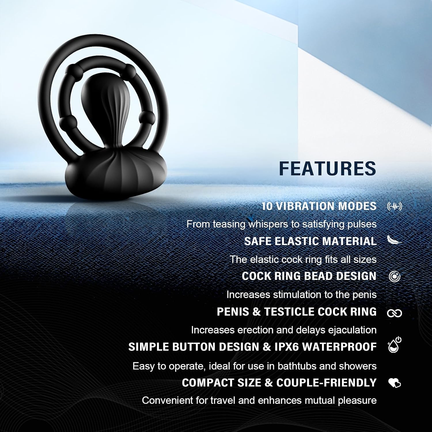 SanFunny Vibrating Cock Ring with Double Ring & Adjustable Bead Stimulator | Double-Ring, 10 Mods, Elastic Silicone, Penis Ring Sex Toy with Clitoral & Testicle Vibrator for Couple Pleasure Men Erection